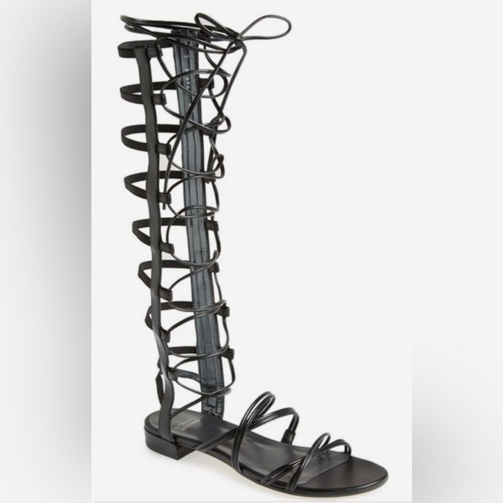 Stuart Weitzman Sparta Black Nappa Leather Gladiator Sandals Size 7.5 M $498